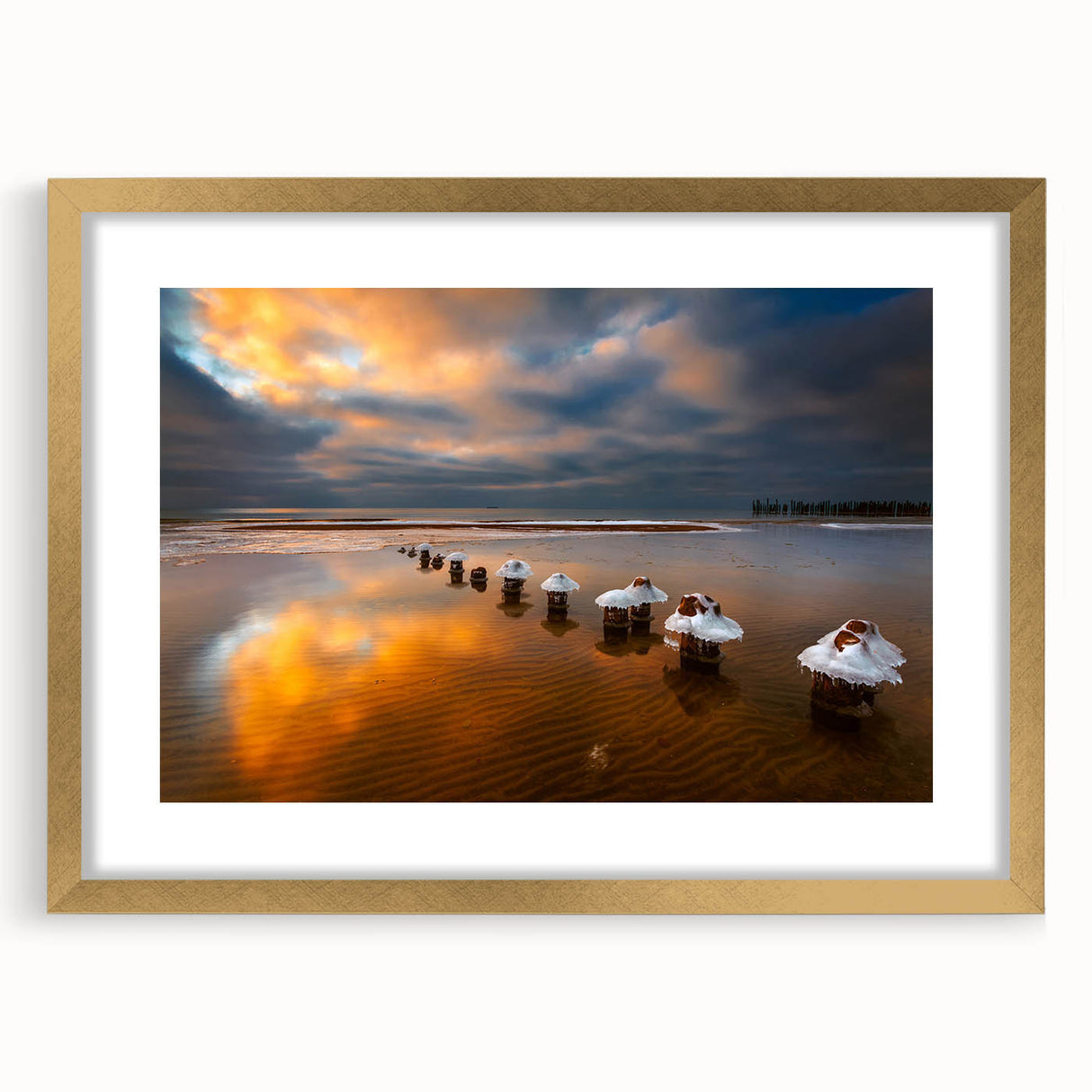 Abstract art print of a European landscape in muted earth tones on a gold-framed canvas, suitable for dining room decor.