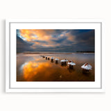 Textured abstract art print of a European landscape in muted earth tones on a framed white canvas, ideal for bedroom decor.