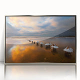 Framed acrylic print of a serene Lithuanian landscape in muted green and blue tones, ideal for modern art wall decor.
