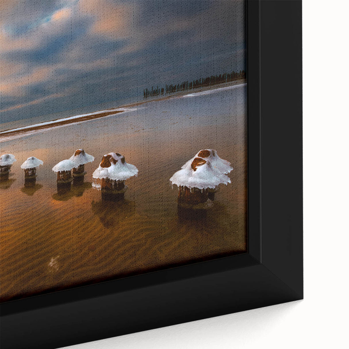 Black wall art depicting a textured European Lithuanian scenery in vibrant colors on a framed canvas.