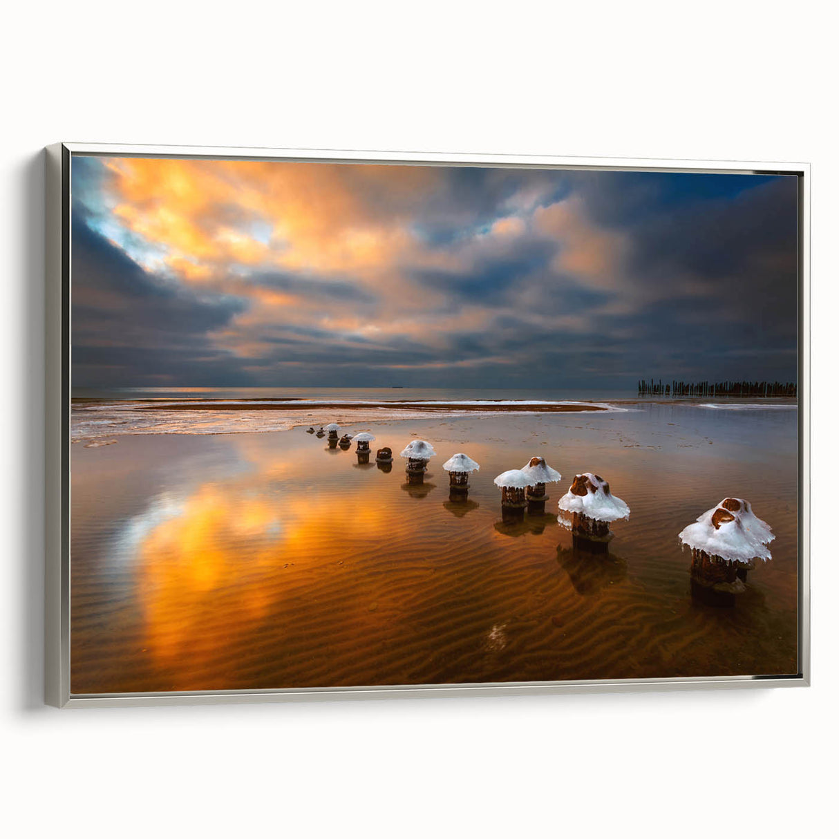 Framed canvas depicting a serene Lithuanian landscape with colorful art in a vintage poster style.