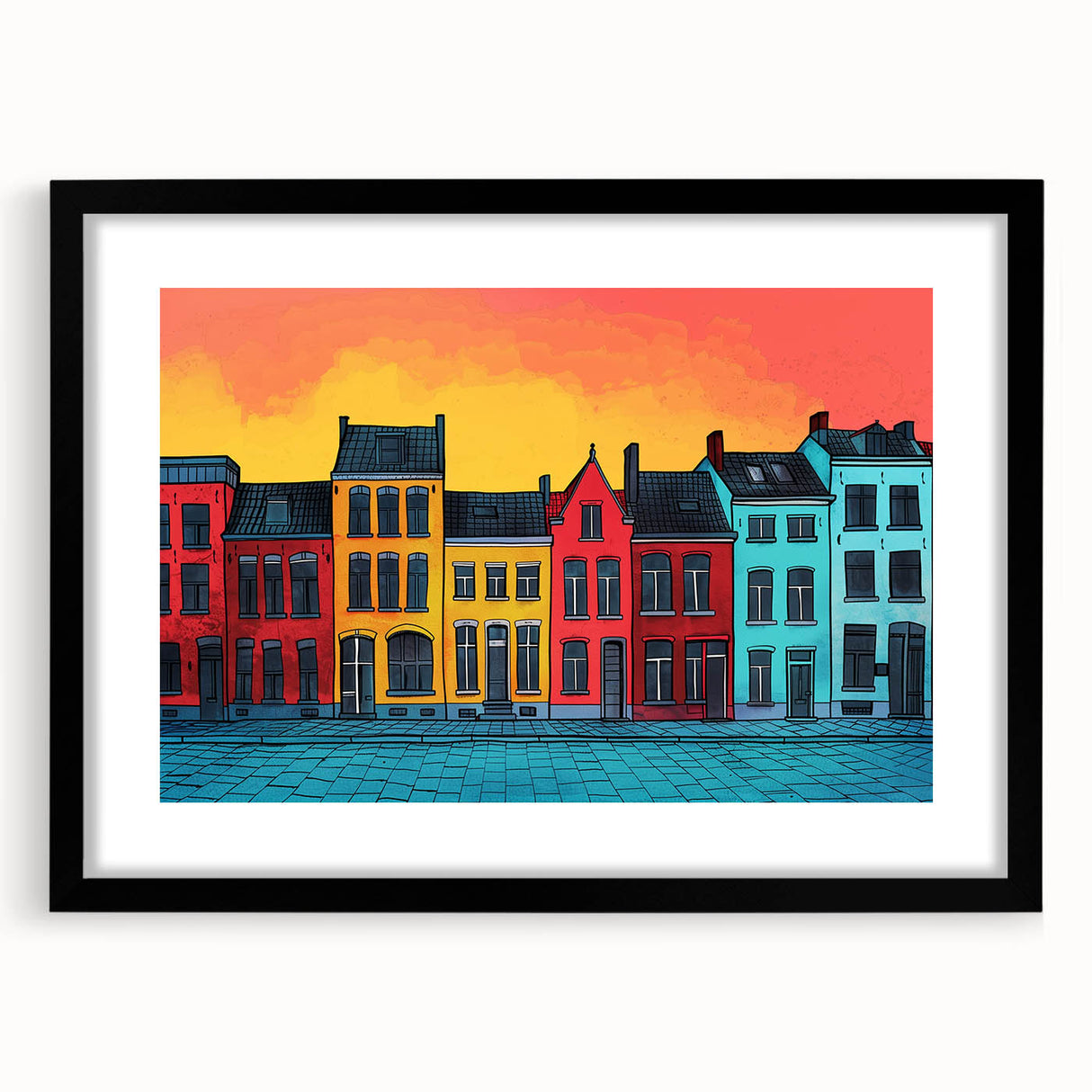 Extra large abstract art print of a colorful European scenery on textured canvas, framed in black.