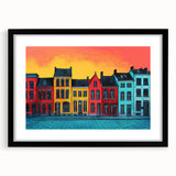 Extra large abstract art print of a colorful European scenery on textured canvas, framed in black.