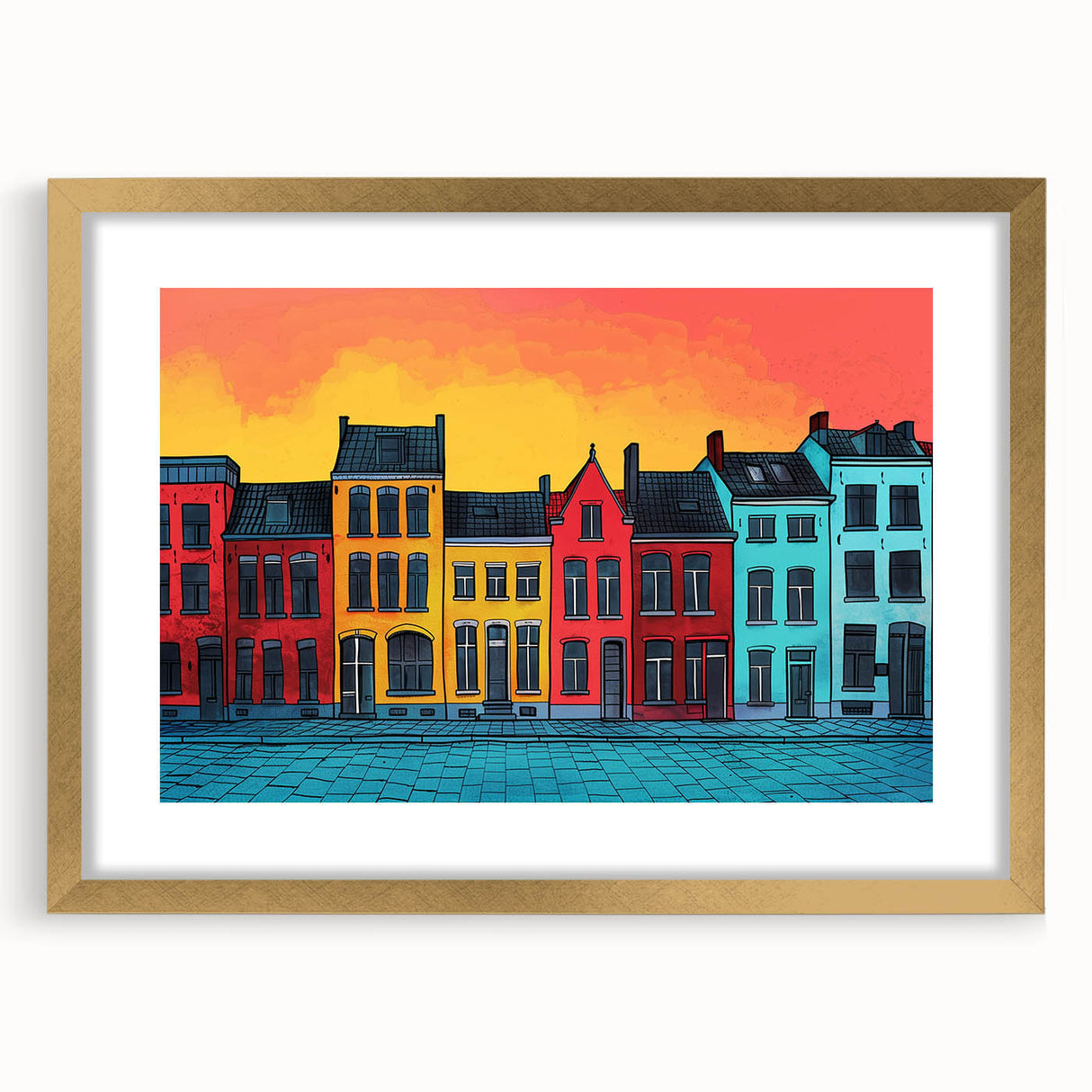 Abstract art print of a European scenery in muted gold and blue tones on a framed canvas, ideal for dining room decor.