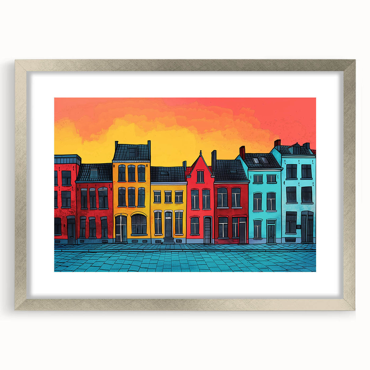 Extra large abstract art print of a textured European scenery in muted earth tones, framed in silver.