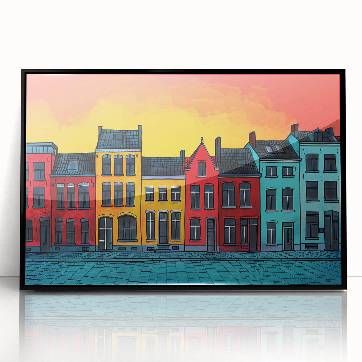 Large abstract wall art depicting a European cityscape in muted gray and blue tones on a framed acrylic.