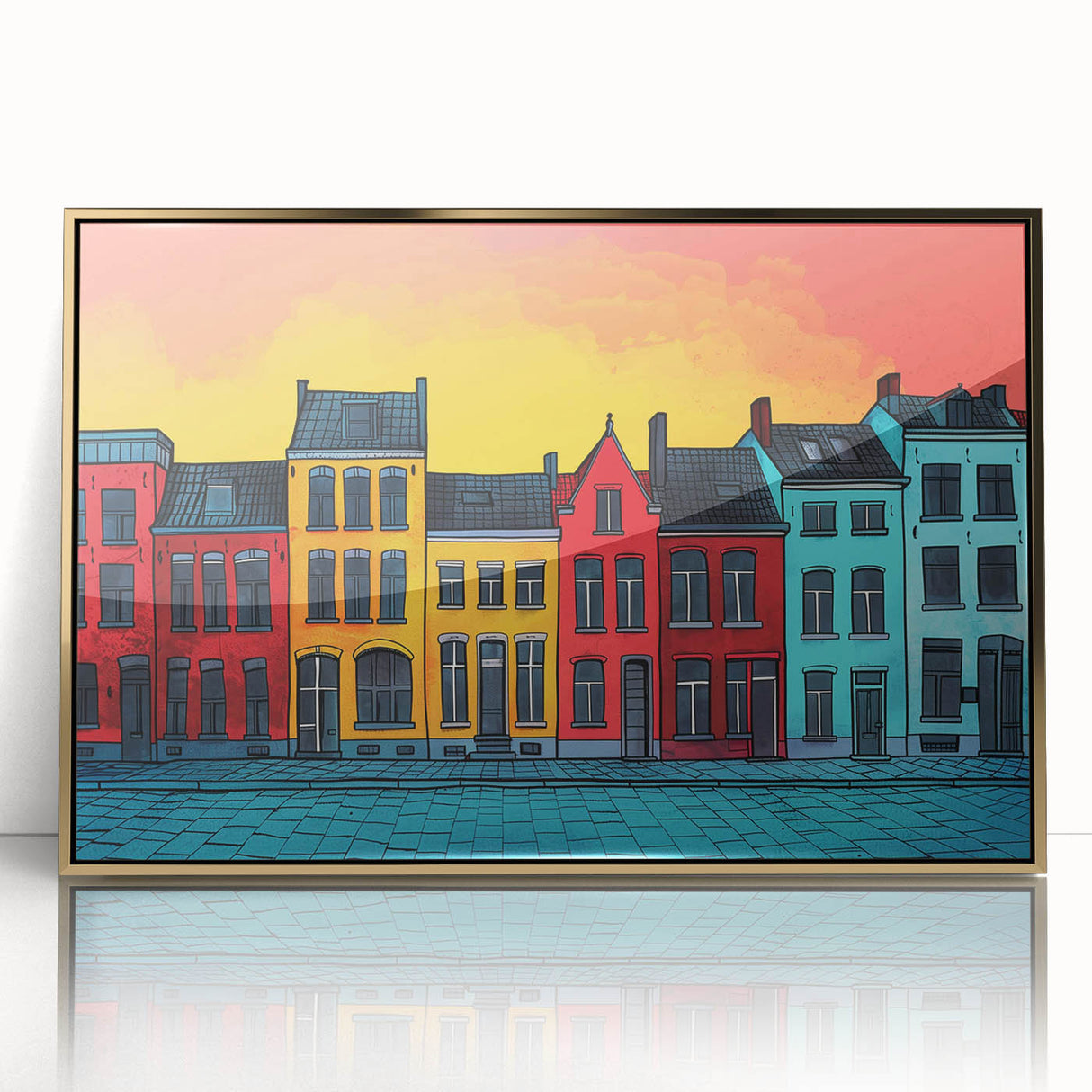 Art Deco poster of a European cityscape in muted gold and gray tones on framed acrylic, suitable for modern art wall decor.