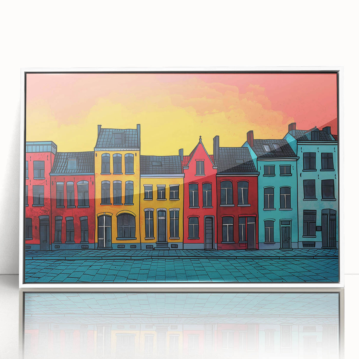 Mid-century modernist art depicting a European cityscape in muted colors on a framed acrylic panel.