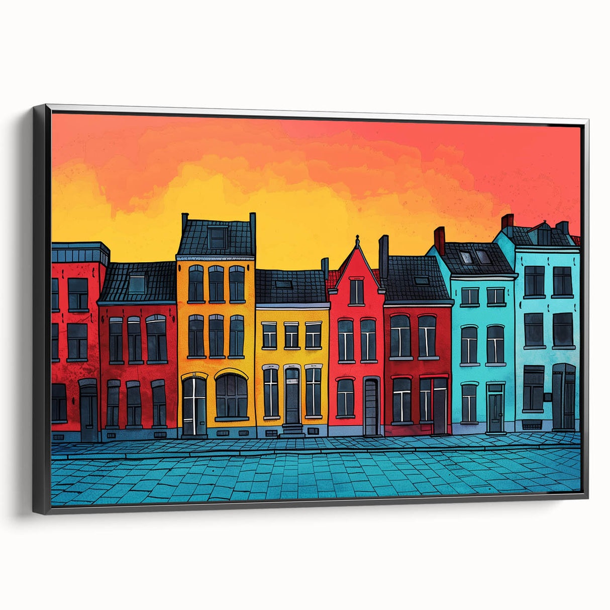 Black and white framed canvas of a vintage European landscape, ideal for bedroom wall decor.