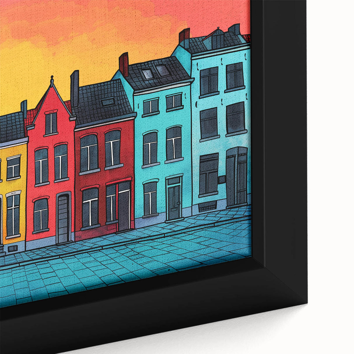 Extra large framed canvas of a textured, colorful European scenery in muted hues, ideal for living room decor.