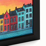 Extra large framed canvas of a textured, colorful European scenery in muted hues, ideal for living room decor.