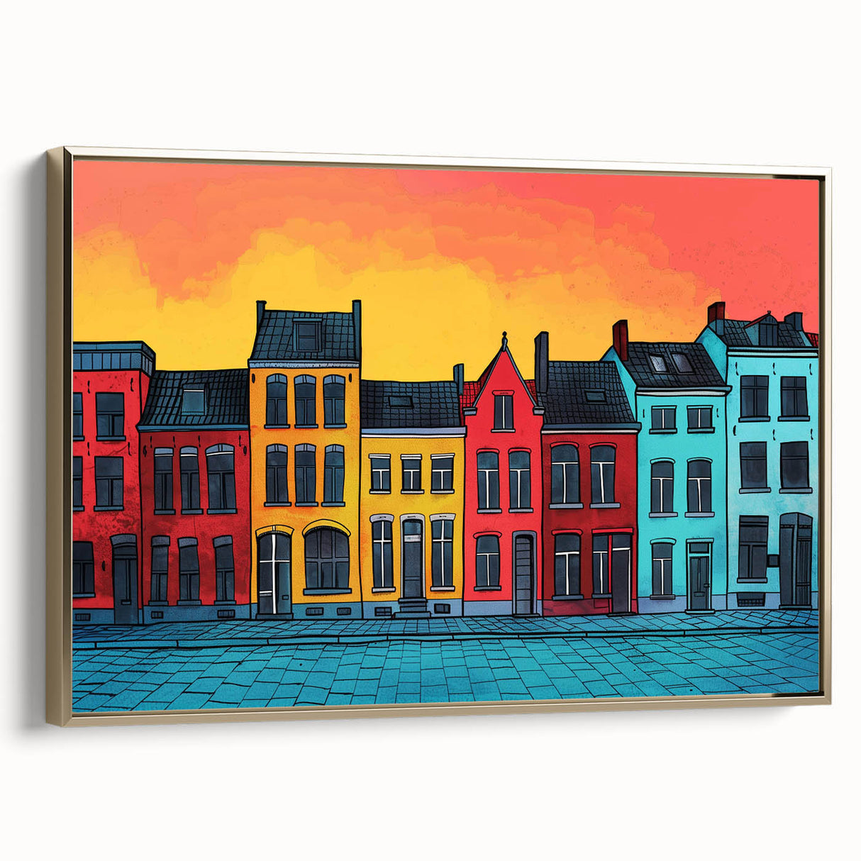 Framed canvas depicting a vintage-style Polish landscape in muted gold and black tones, ideal for bedroom wall art.