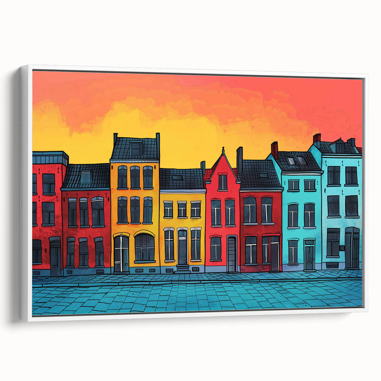 Vintage poster art of a European scenery in Poland on framed canvas, featuring vibrant colors, ideal for living room decor.