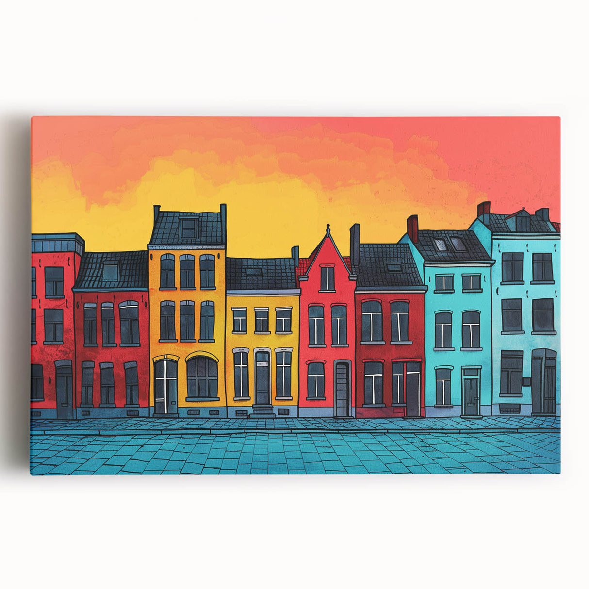 Black and white photo of a European cityscape on stretched canvas, ideal for kitchen wall art.