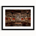Extra large abstract art print of colorful, textured Barcelona scenery on a black framed canvas, ideal for living room decor.