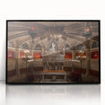 Large abstract wall art depicting a vibrant Barcelona cityscape in mid-century modernist style on black framed acrylic.