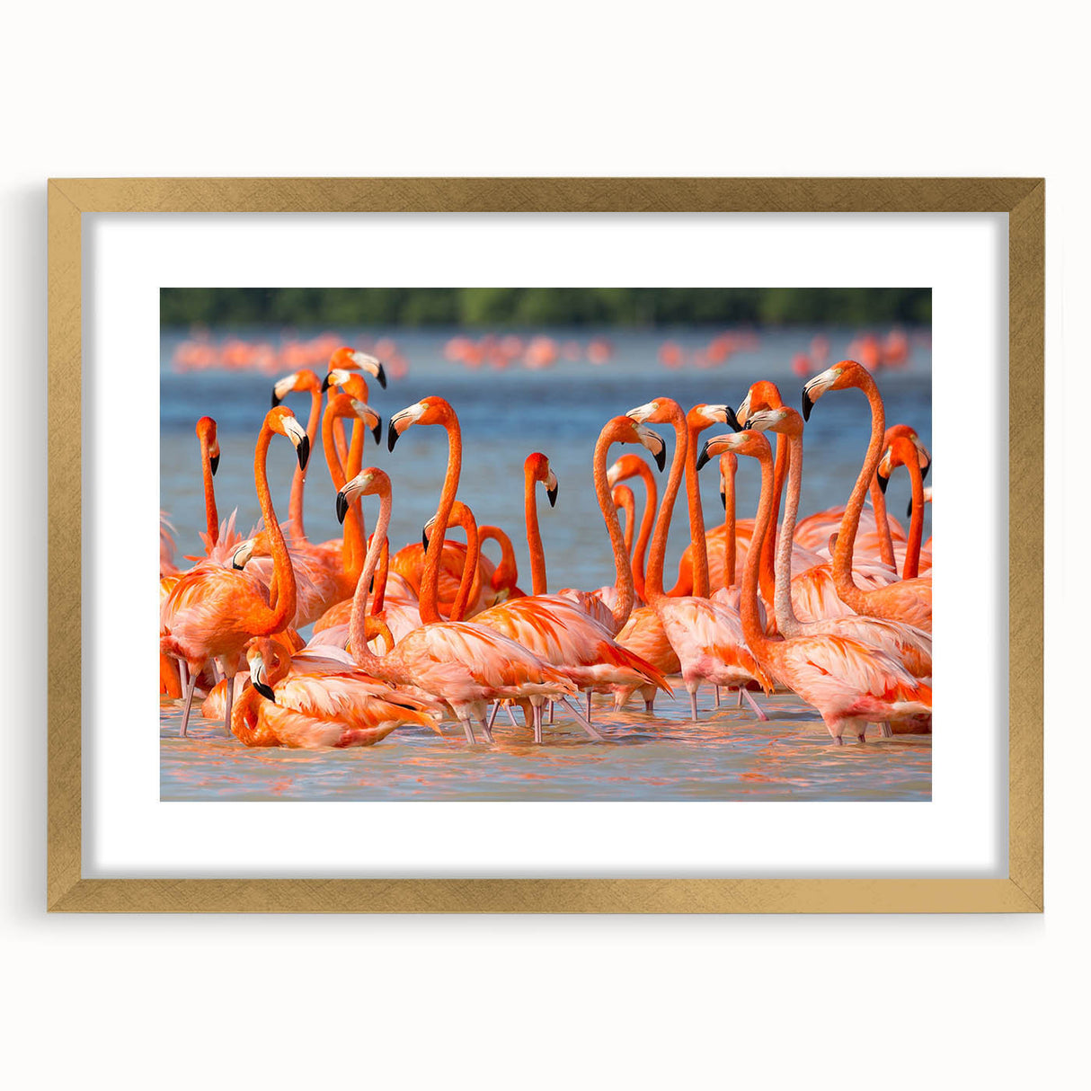 Extra large abstract art print of Yucatan scenery in a gold frame, featuring textured blues and greens.