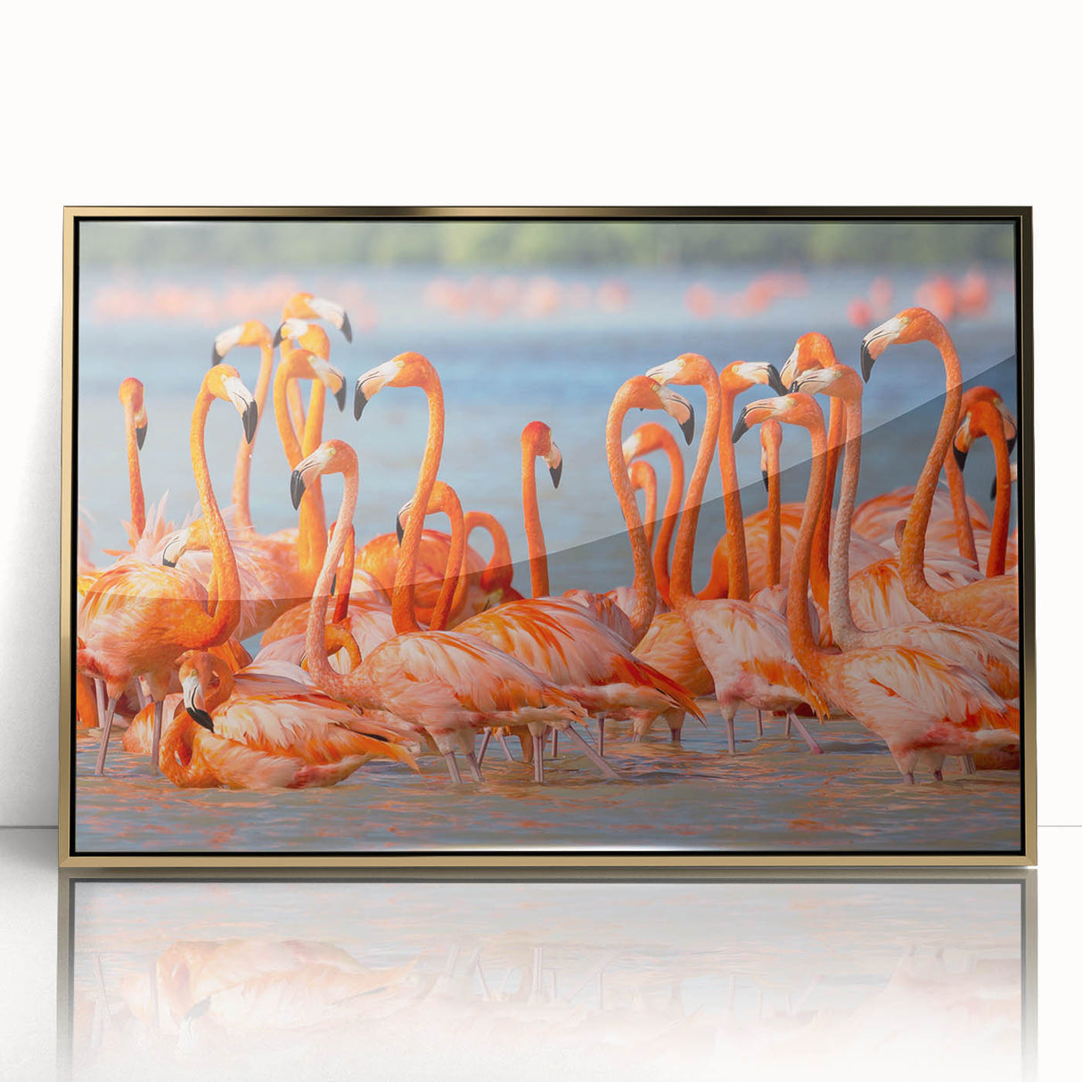 Mid-century modernist art print of Yucatan scenery in gold frame, acrylic, ideal for modern art wall decor.