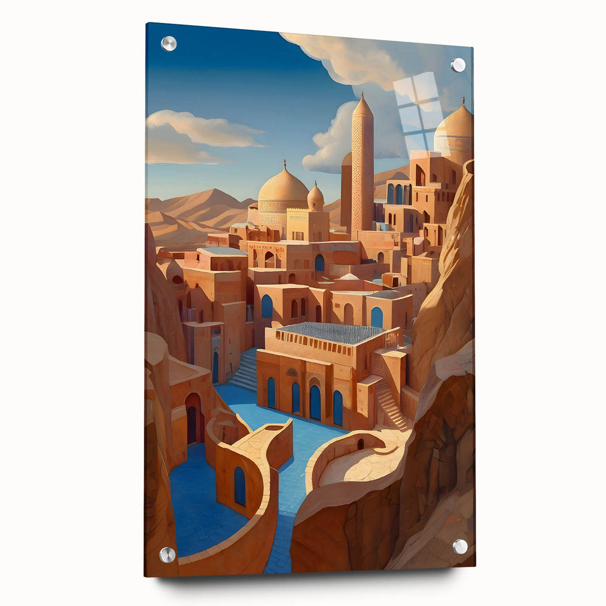 Acrylic print of a Middle Eastern scenery in muted earth tones, ideal for dining room decor.