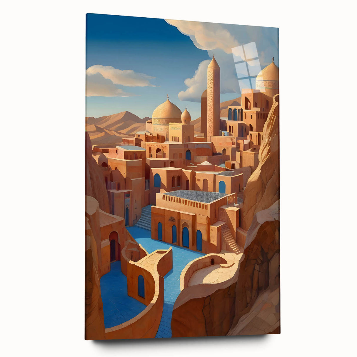 Large abstract wall art print of a Middle Eastern scenery on acrylic glass, using earthy tones.