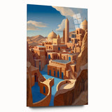 Large abstract wall art print of a Middle Eastern scenery on acrylic glass, using earthy tones.