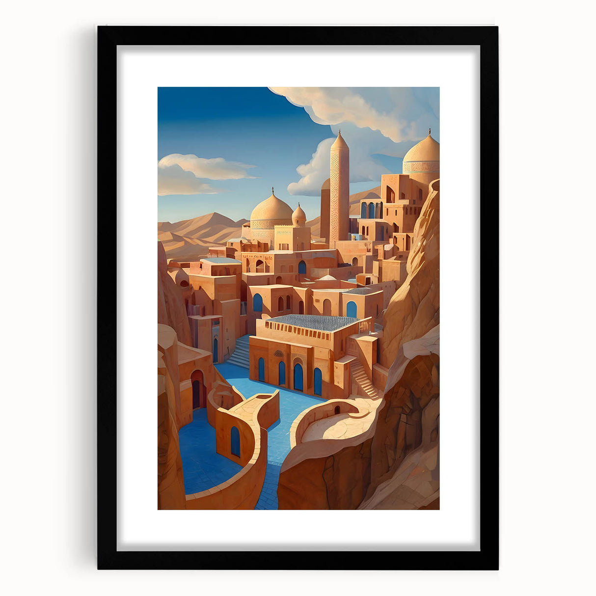 Abstract art print of a colorful, textured Middle Eastern scenery on a large canvas, framed in black.