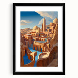 Abstract art print of a colorful, textured Middle Eastern scenery on a large canvas, framed in black.