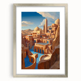 Textured abstract art print depicting a Middle Eastern scenery in muted earth tones on a framed silver mat.