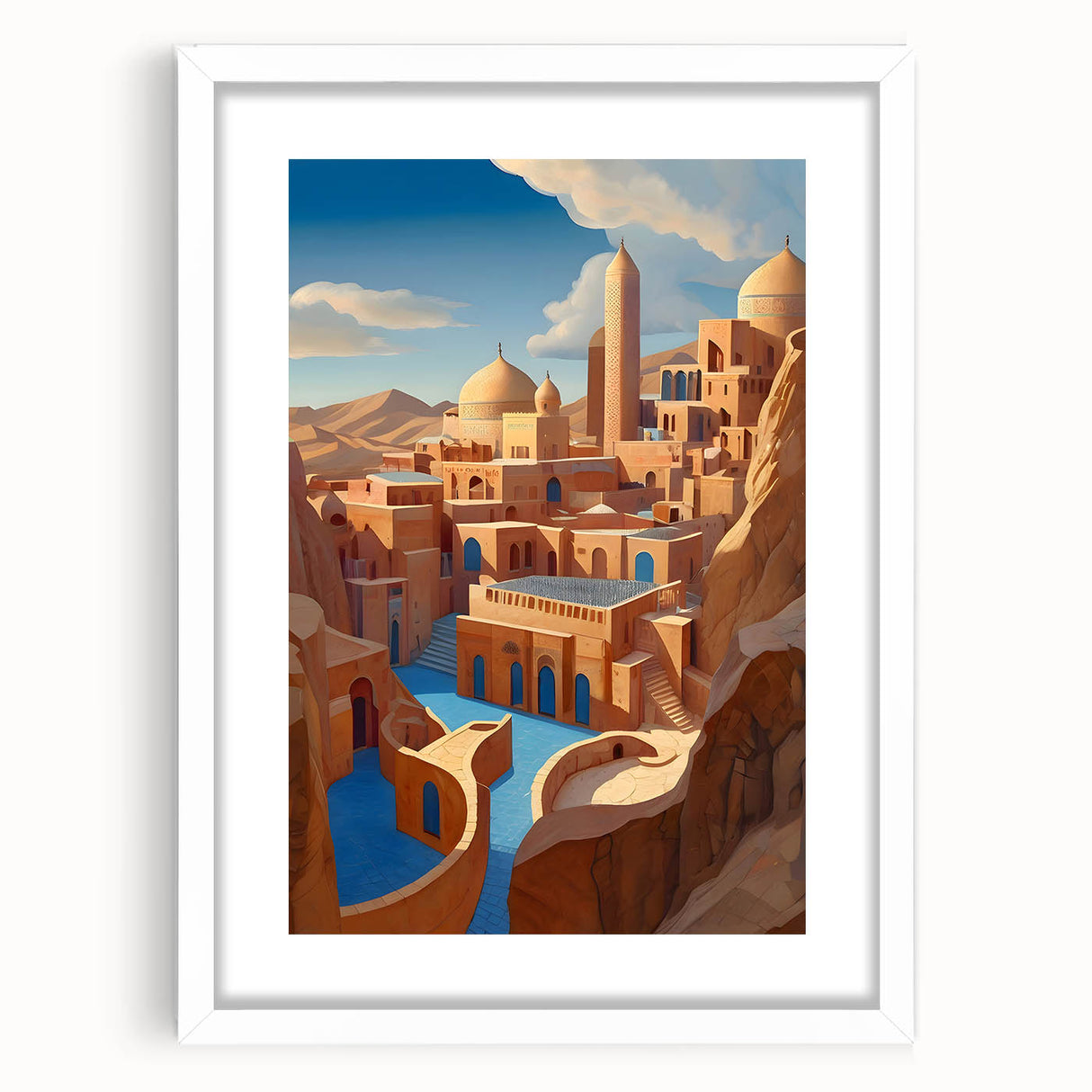 Abstract art print of a Middle Eastern scenery in muted earth tones on a white matted frame, suitable for dining room decor.