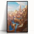 Framed acrylic print of a large abstract wall art depicting a Middle Eastern scenery in muted earth tones.