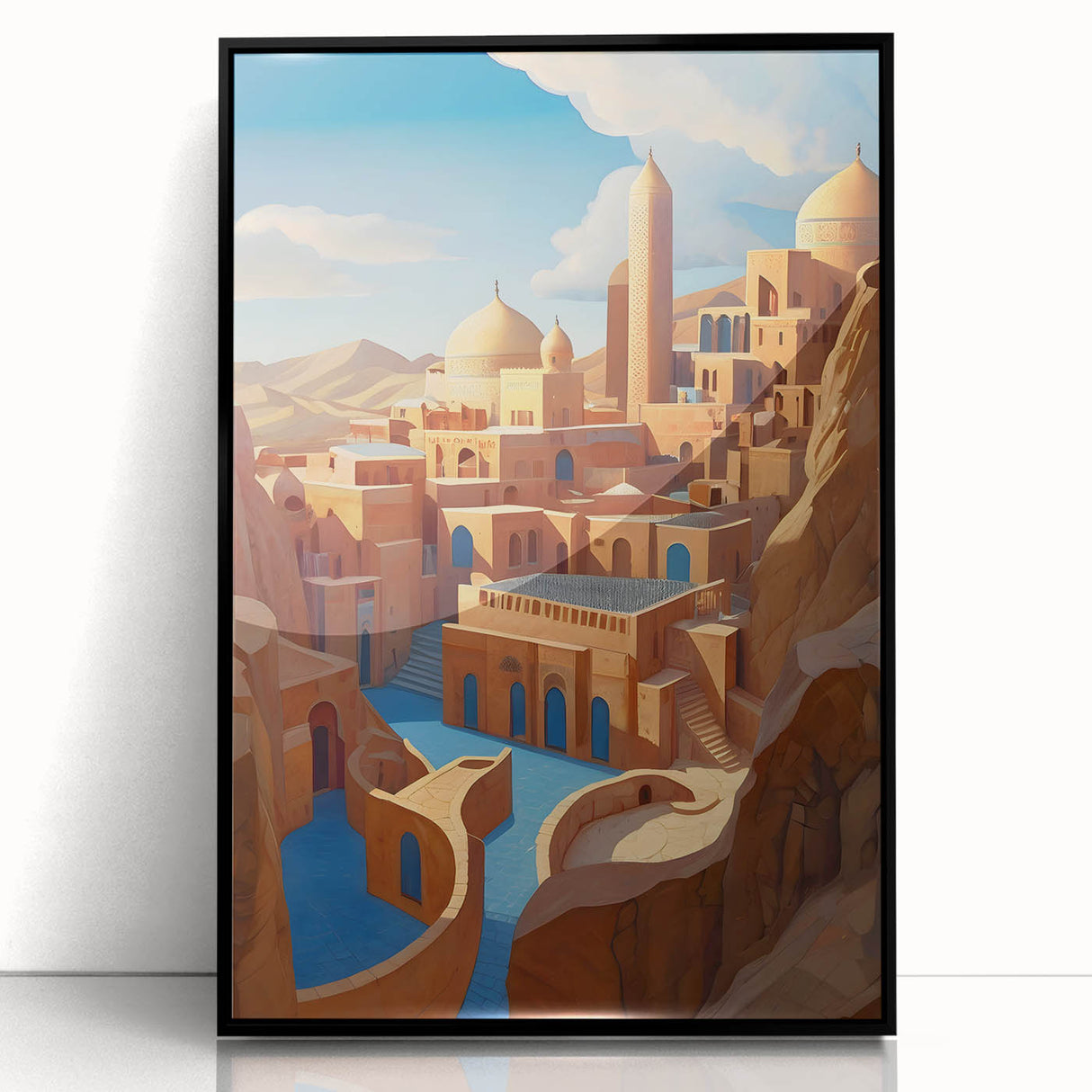 Framed acrylic print of a large abstract wall art depicting a Middle Eastern scenery in muted earth tones.