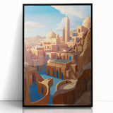 Framed acrylic print of a large abstract wall art depicting a Middle Eastern scenery in muted earth tones.
