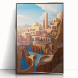 Mid-century modernist art of a Middle-Eastern scenery in Iran, with muted earth tones, framed in silver acrylic.