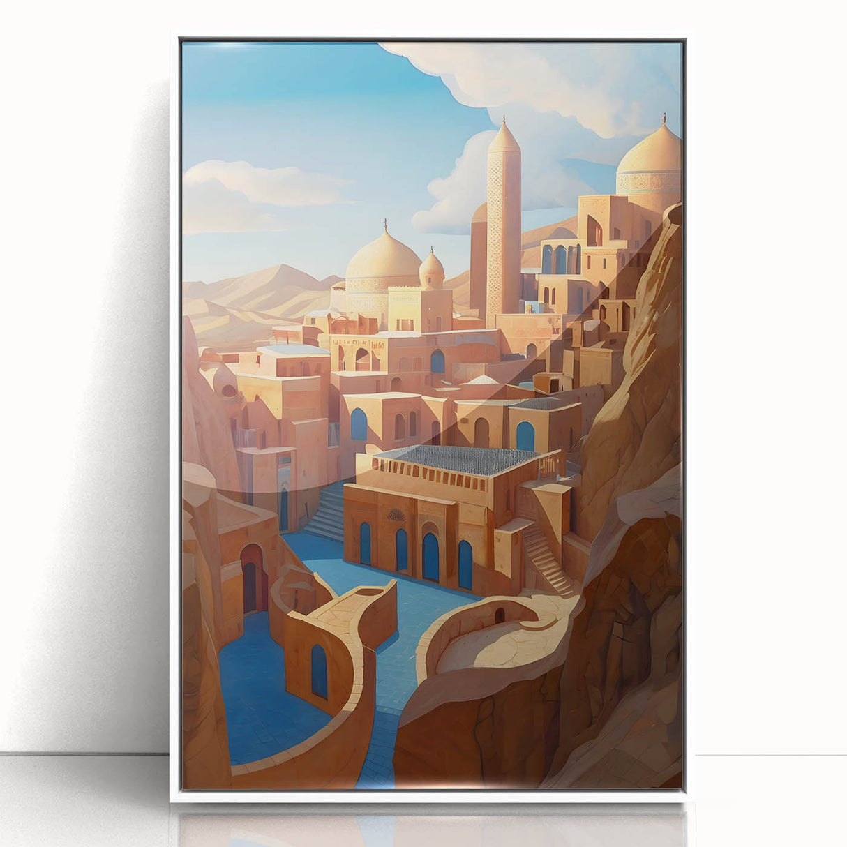 Art deco poster of Middle Eastern scenery in muted earth tones, acrylic print framed in white.
