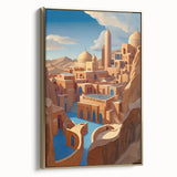 Middle Eastern landscape painting on framed canvas, featuring muted earth tones, ideal for bedroom wall art.