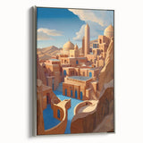 Framed canvas depicting a colorful landscape painting of a Middle Eastern scenery.