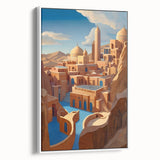 Vintage poster art of a Middle Eastern scenery on a framed canvas, featuring vibrant colors, ideal for living room decor.