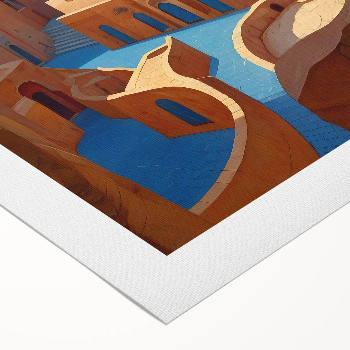 Art deco poster featuring a stylized Middle Eastern scenery in muted earth tones on rolled canvas.