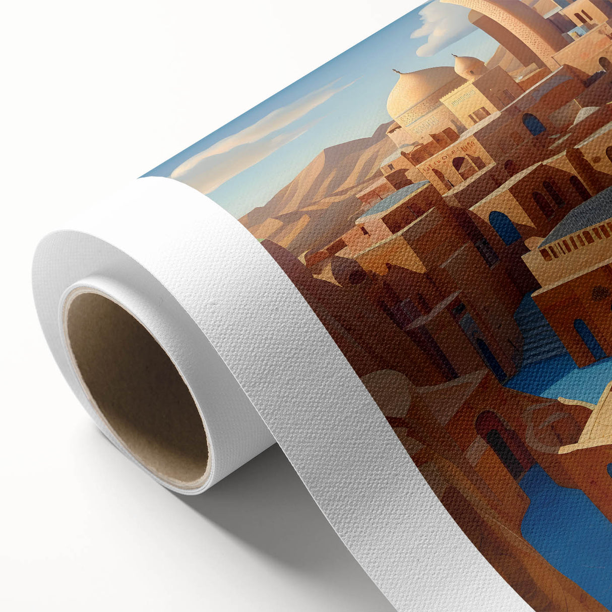 Art deco poster of a scenic Middle Eastern landscape in muted earth tones on rolled canvas.