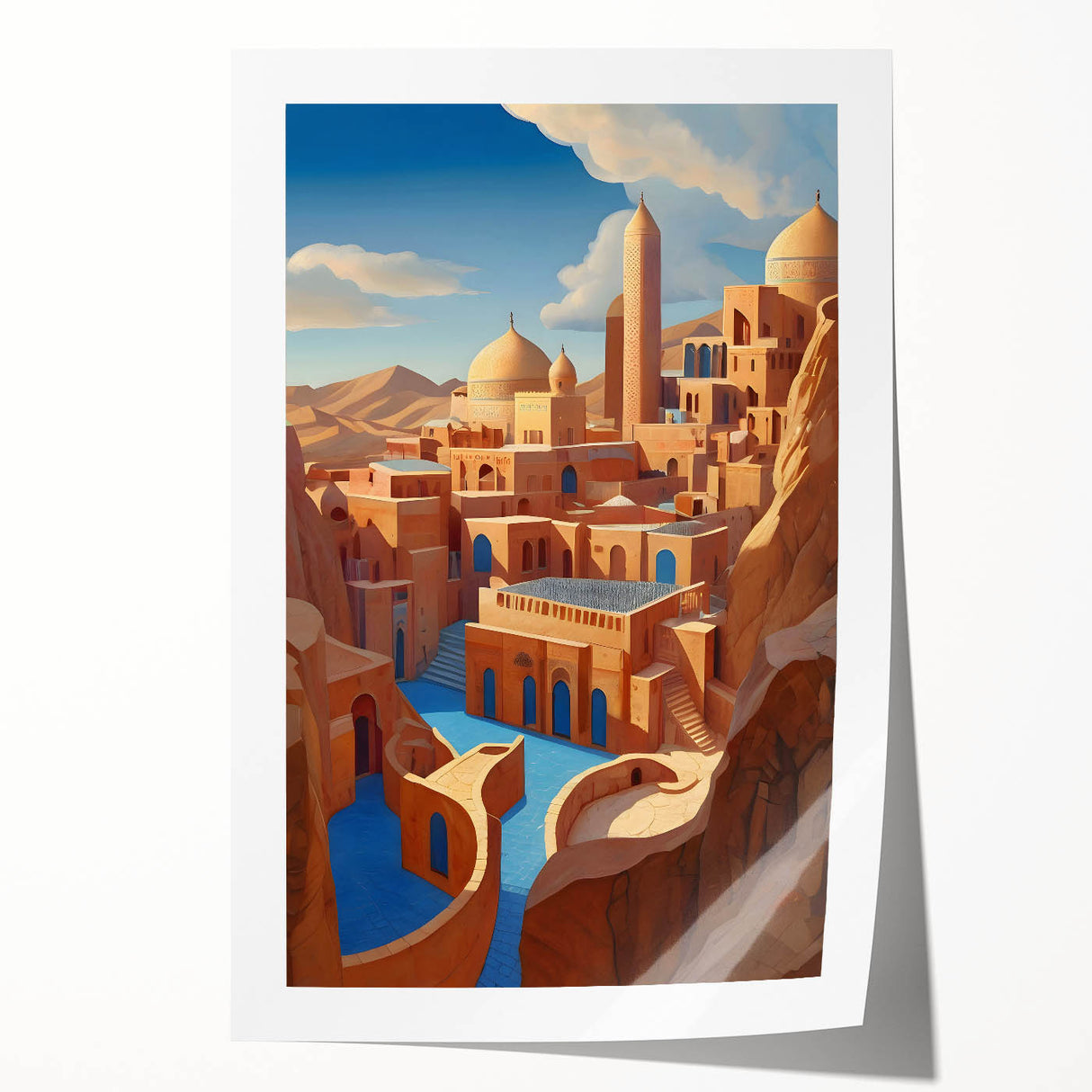 Rolled print of a Middle Eastern landscape in muted earth tones, ideal for art wall dining room or classy bathroom wall art.