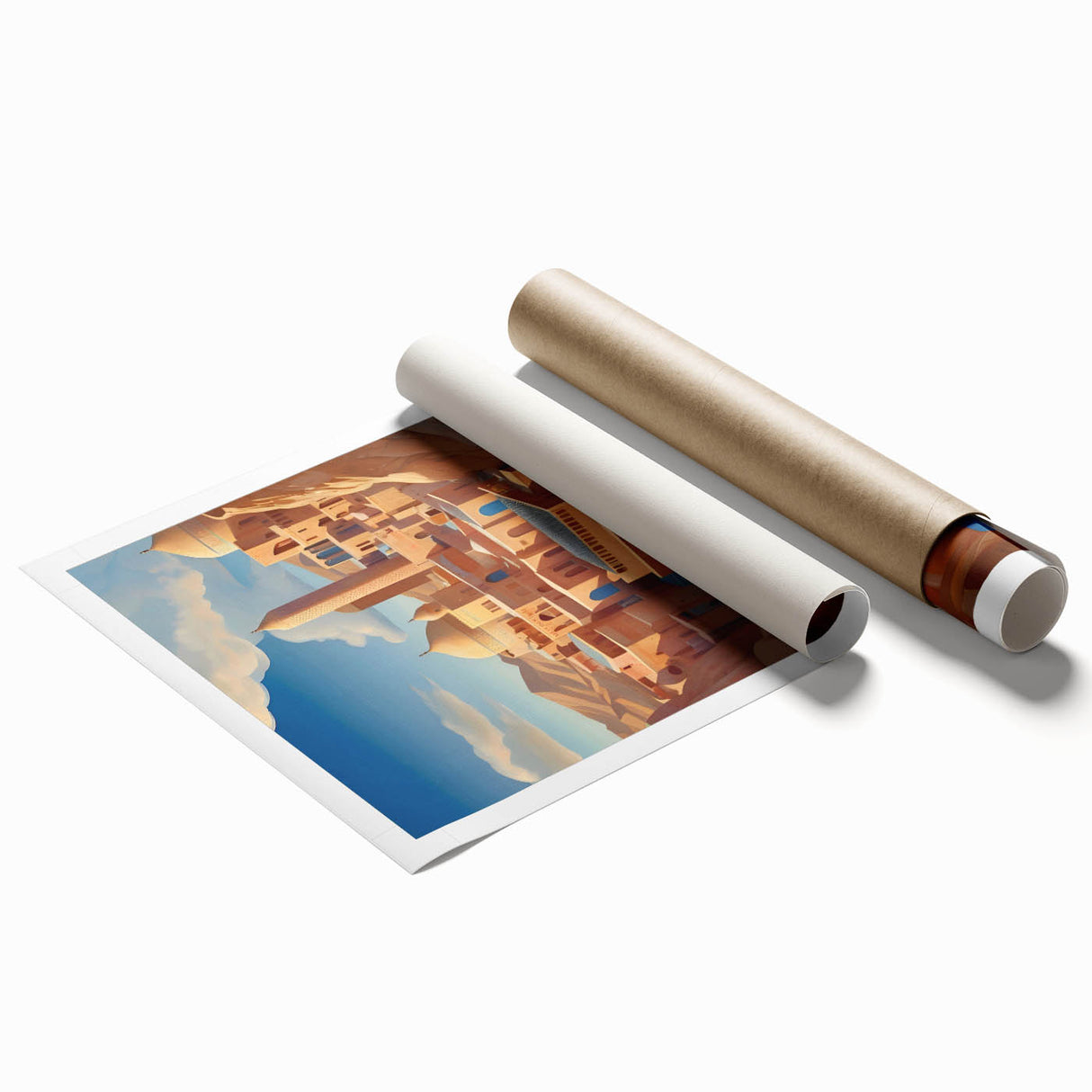 Large rolled print of a floral scene in Iran, featuring muted earth tones, ideal for classy bathroom wall art.