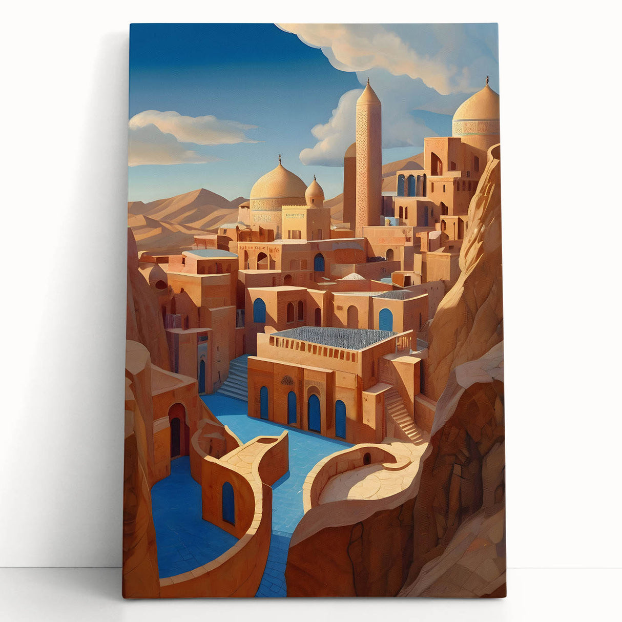 Black and white stretched canvas featuring a scenic Middle Eastern landscape, ideal for kitchen wall art or bedroom ambiance.