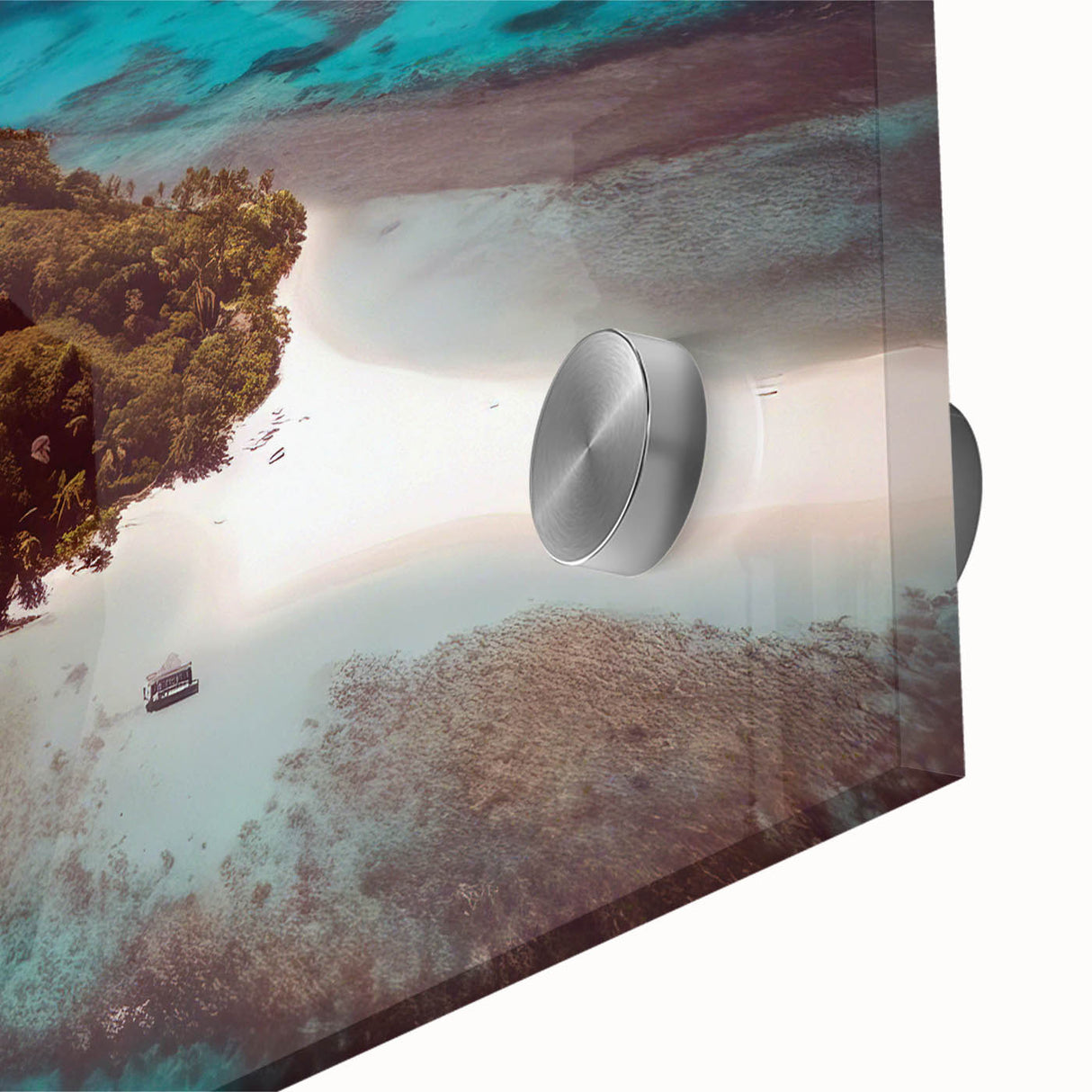 Large abstract wall art depicting an oceanic scene in muted blue and green tones on acrylic glass.