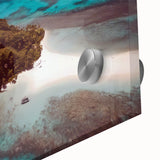 Large abstract wall art depicting an oceanic scene in muted blue and green tones on acrylic glass.