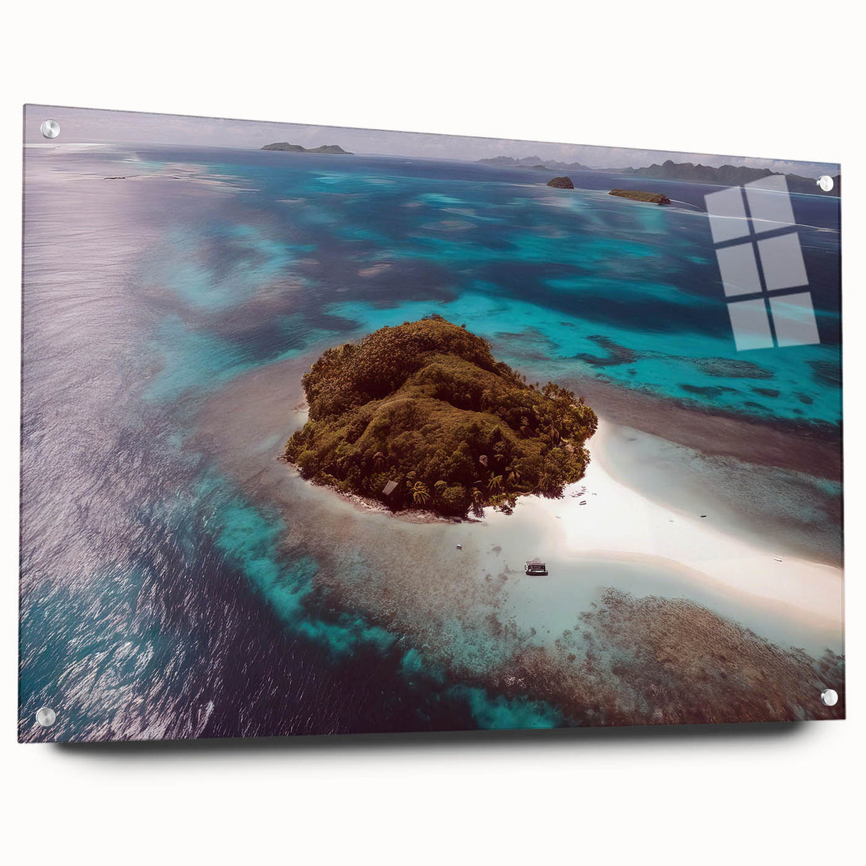 Acrylic print of a large abstract depiction of Oceania's Fiji scenery in muted blue and green tones.
