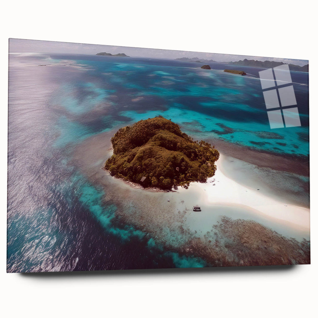 Large abstract oceanic scene in blue and turquoise tones on acrylic glass, ideal for bedroom or dining room art.