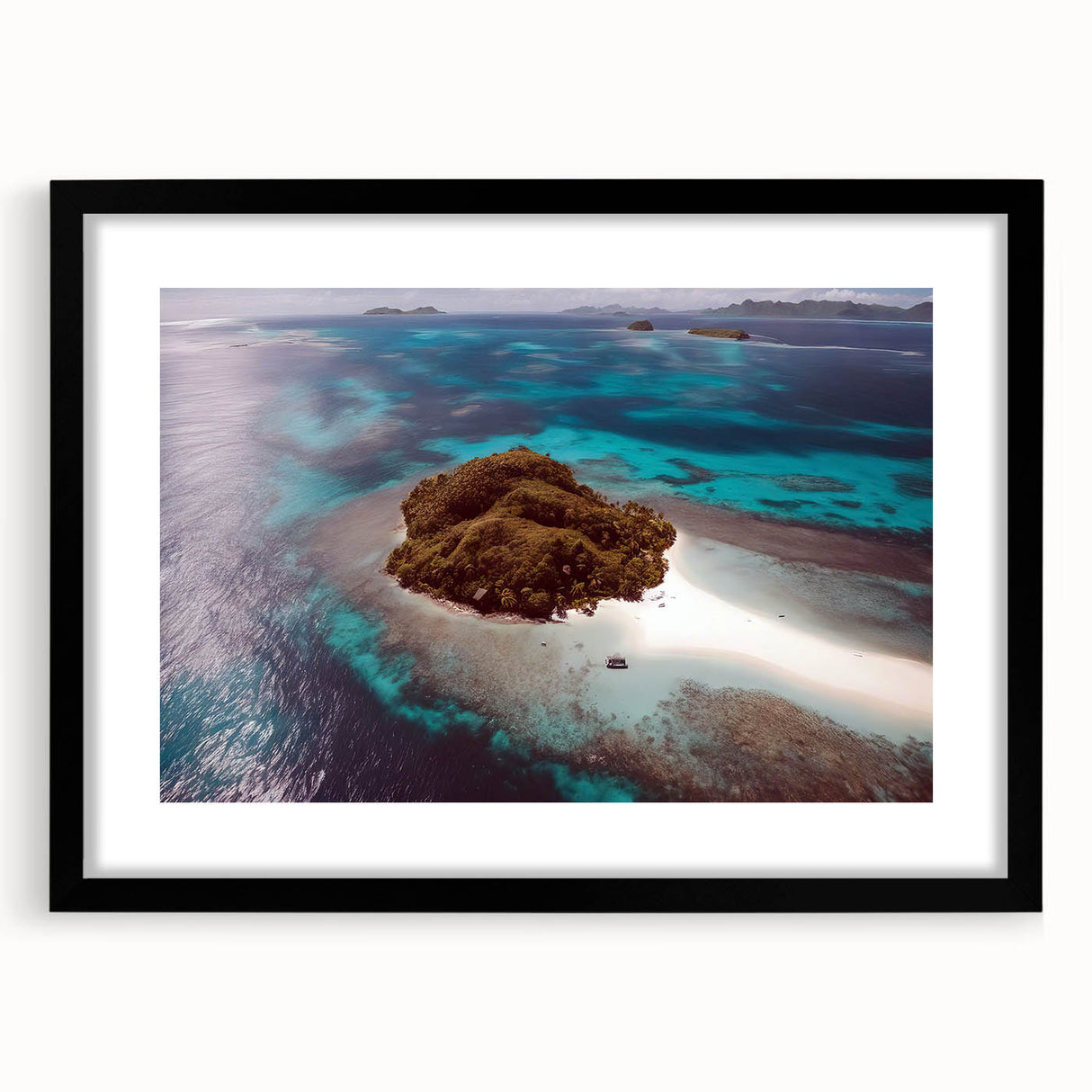 Abstract art print depicting an oceanic scene in vibrant blues and greens on a large textured canvas.