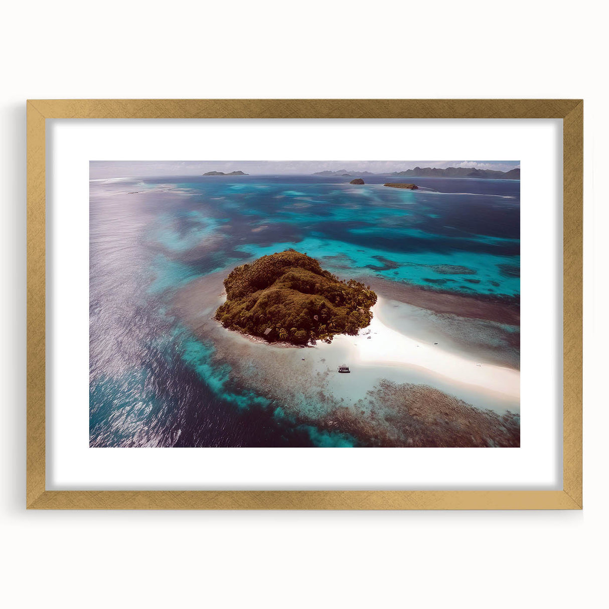 Extra large abstract art print of a textured oceanic scene in muted blue and gray, framed in gold.