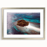 Textured abstract art print depicting Oceania's Fiji scenery in silver frame, suitable for bedroom art.