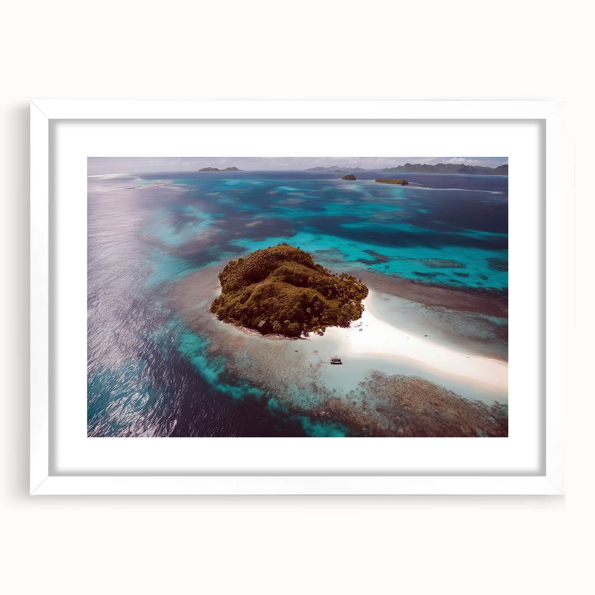 Abstract art print of a serene Fiji landscape in soft blue and green hues on a white-framed canvas.